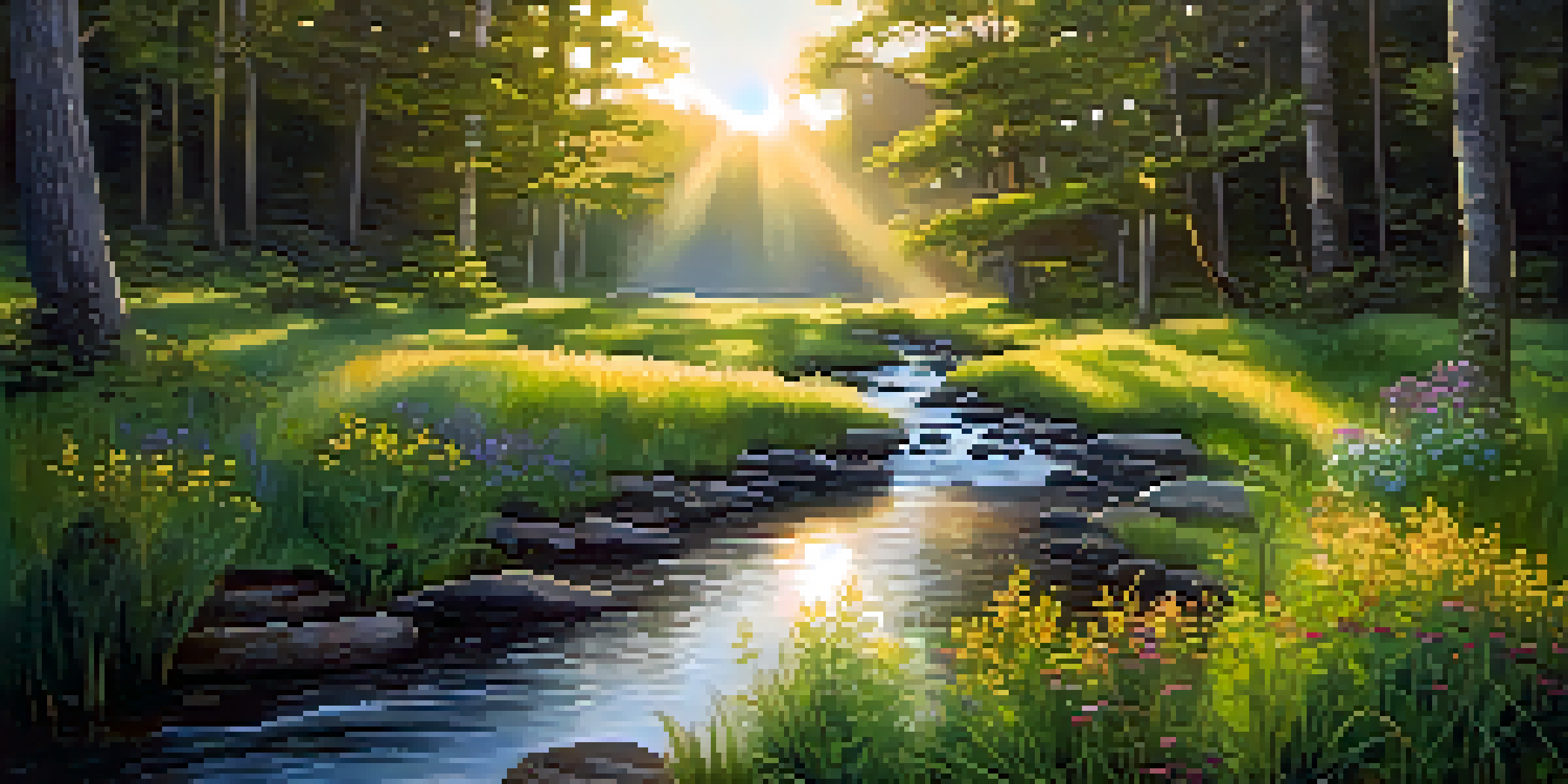 A peaceful forest at sunrise with soft golden light, a small stream, and colorful wildflowers.