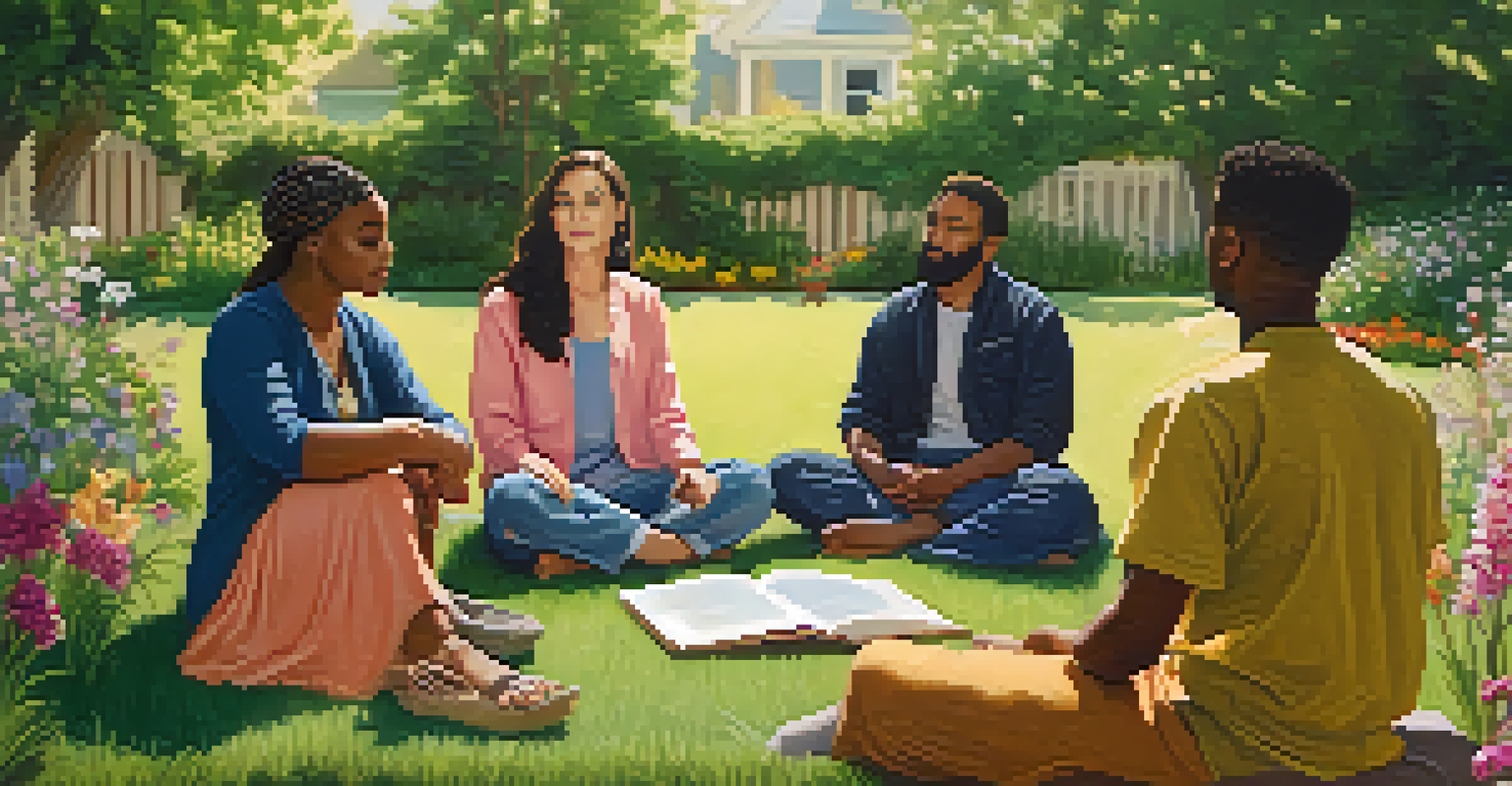 A diverse group of people sitting in a circle in a garden, discussing self-acceptance and spirituality amidst blooming flowers.