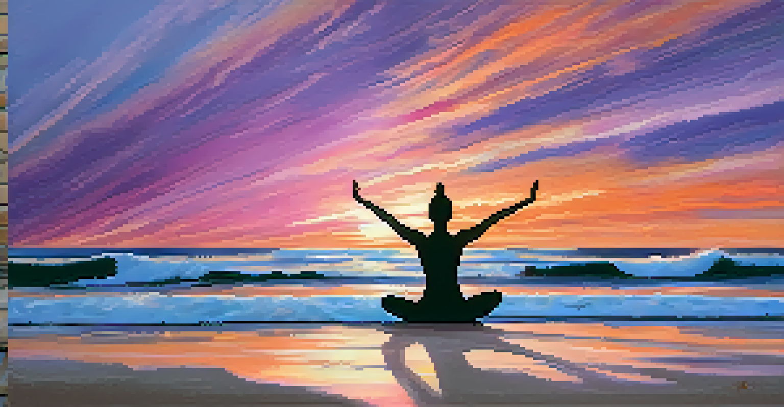 A person practicing yoga on the beach at sunset, showcasing a warrior pose with a vibrant sky in the background.
