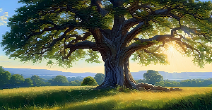 A large oak tree with visible roots in a sunny meadow surrounded by colorful wildflowers under a blue sky.