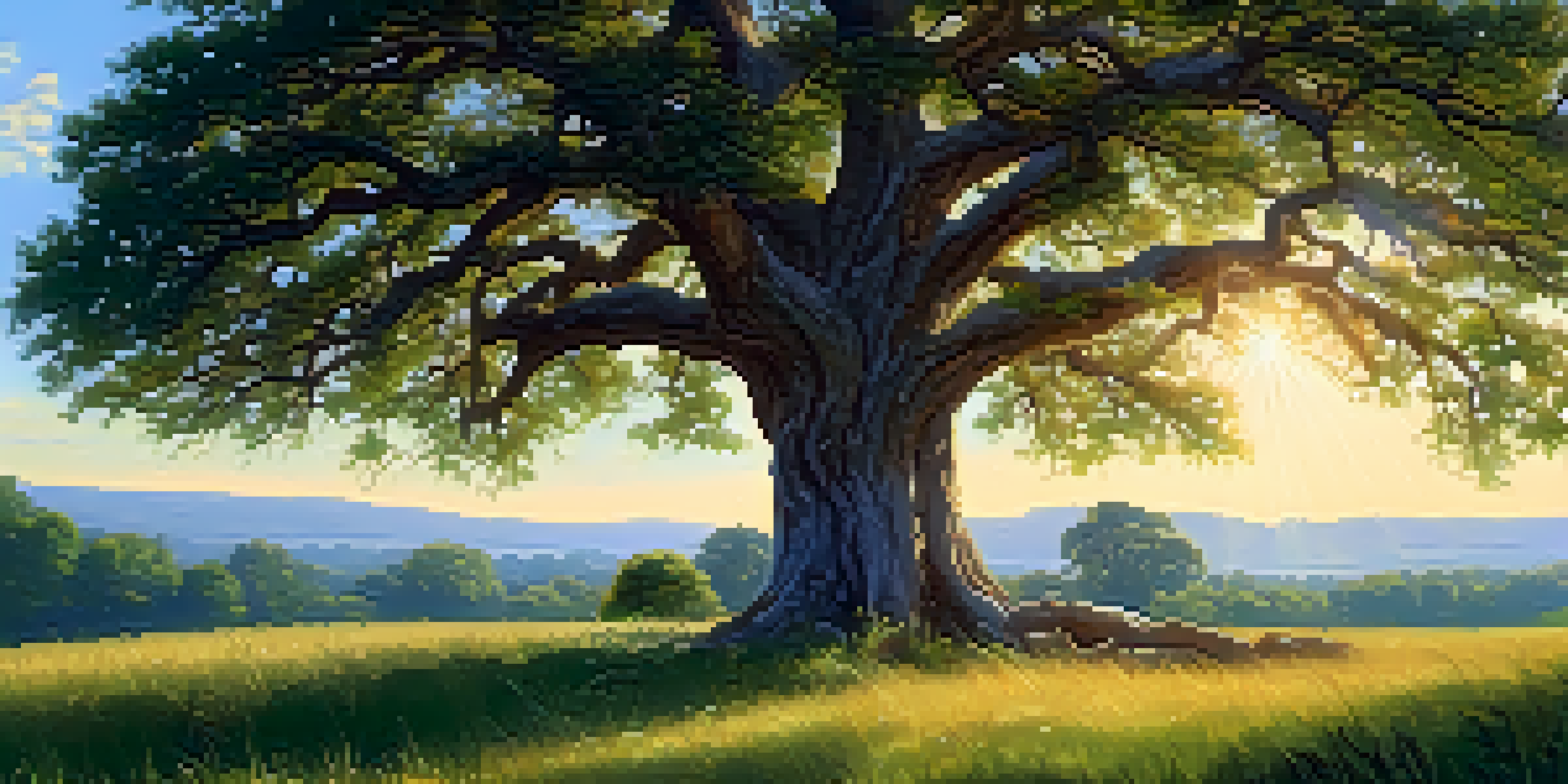 A large oak tree with visible roots in a sunny meadow surrounded by colorful wildflowers under a blue sky.