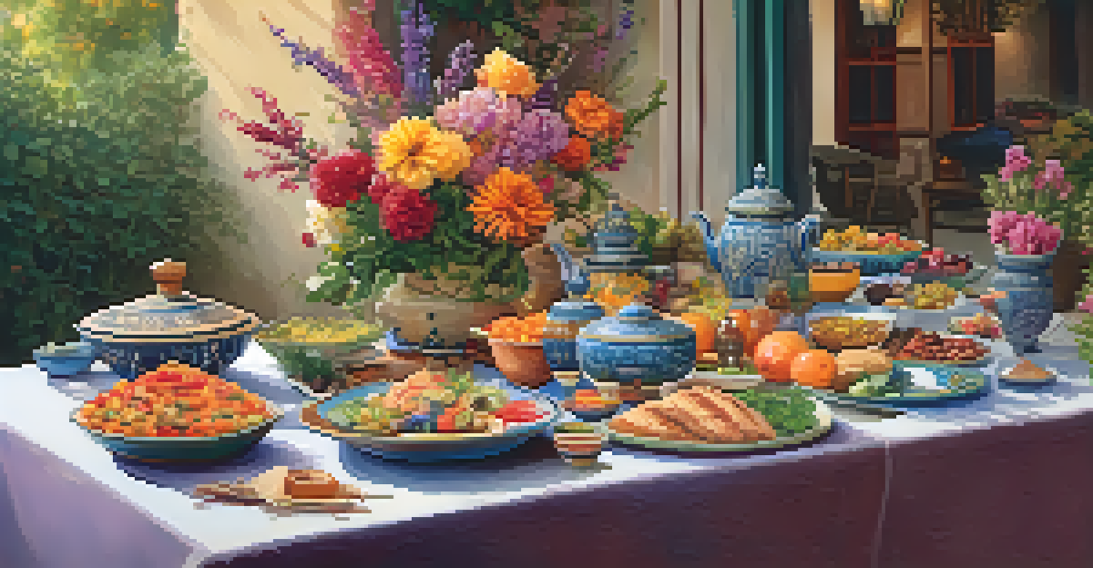A vibrant table set for a community gathering with diverse dishes and people sharing stories, creating a warm atmosphere.