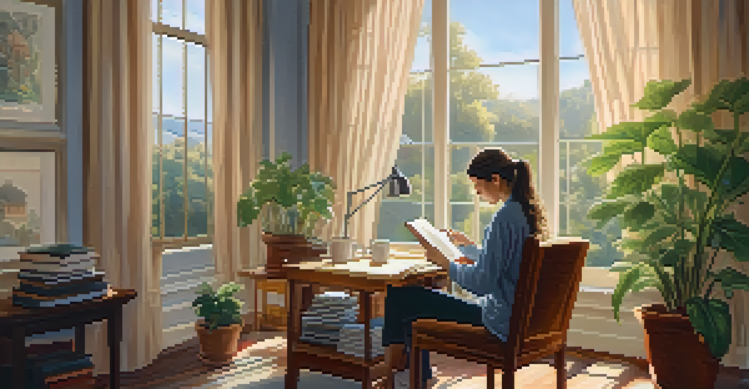 A person journaling by a window with sunlight, surrounded by plants and books.
