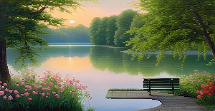 A peaceful park at dawn with a calm lake reflecting the sunrise colors, surrounded by trees and flowers, and a bench for contemplation.