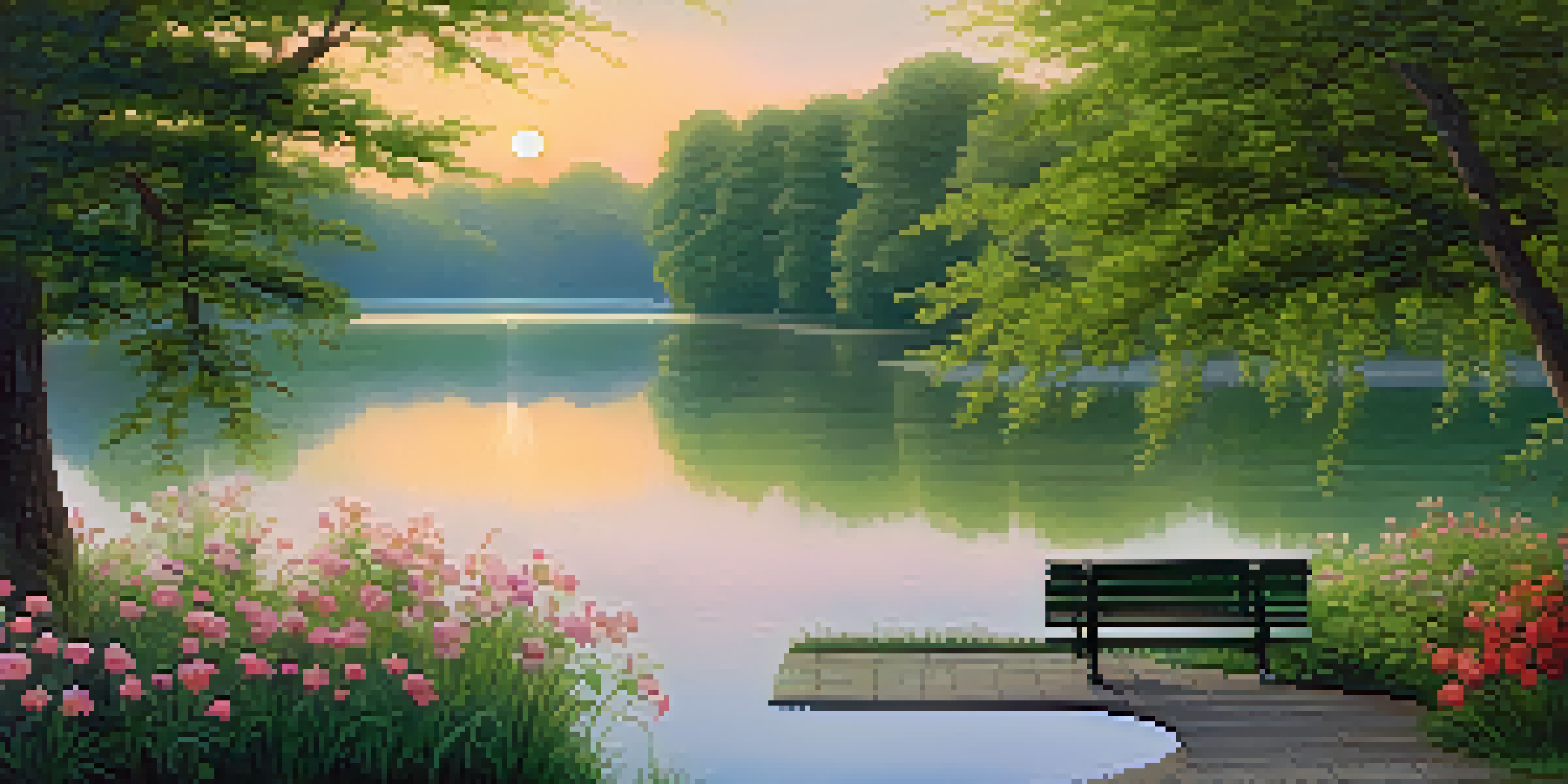 A peaceful park at dawn with a calm lake reflecting the sunrise colors, surrounded by trees and flowers, and a bench for contemplation.