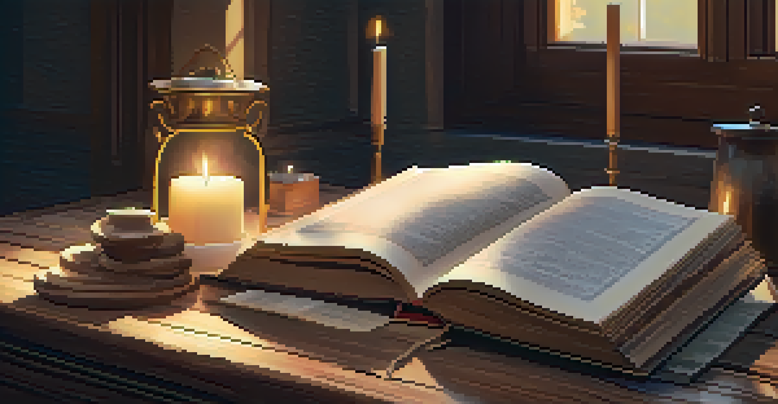 An open book on a wooden table in a cozy room with soft lighting, alongside an altar with candles and spiritual symbols.