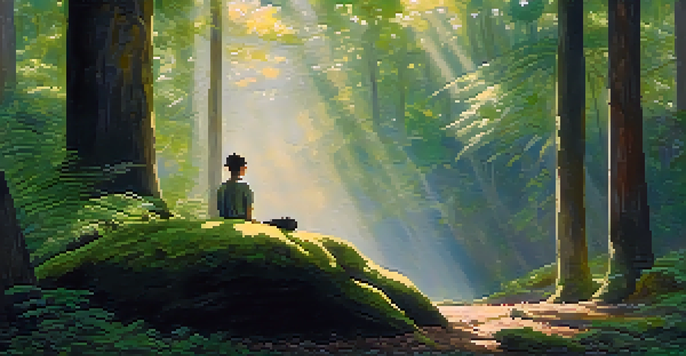 A person meditating in a peaceful forest, surrounded by tall trees and soft sunlight.
