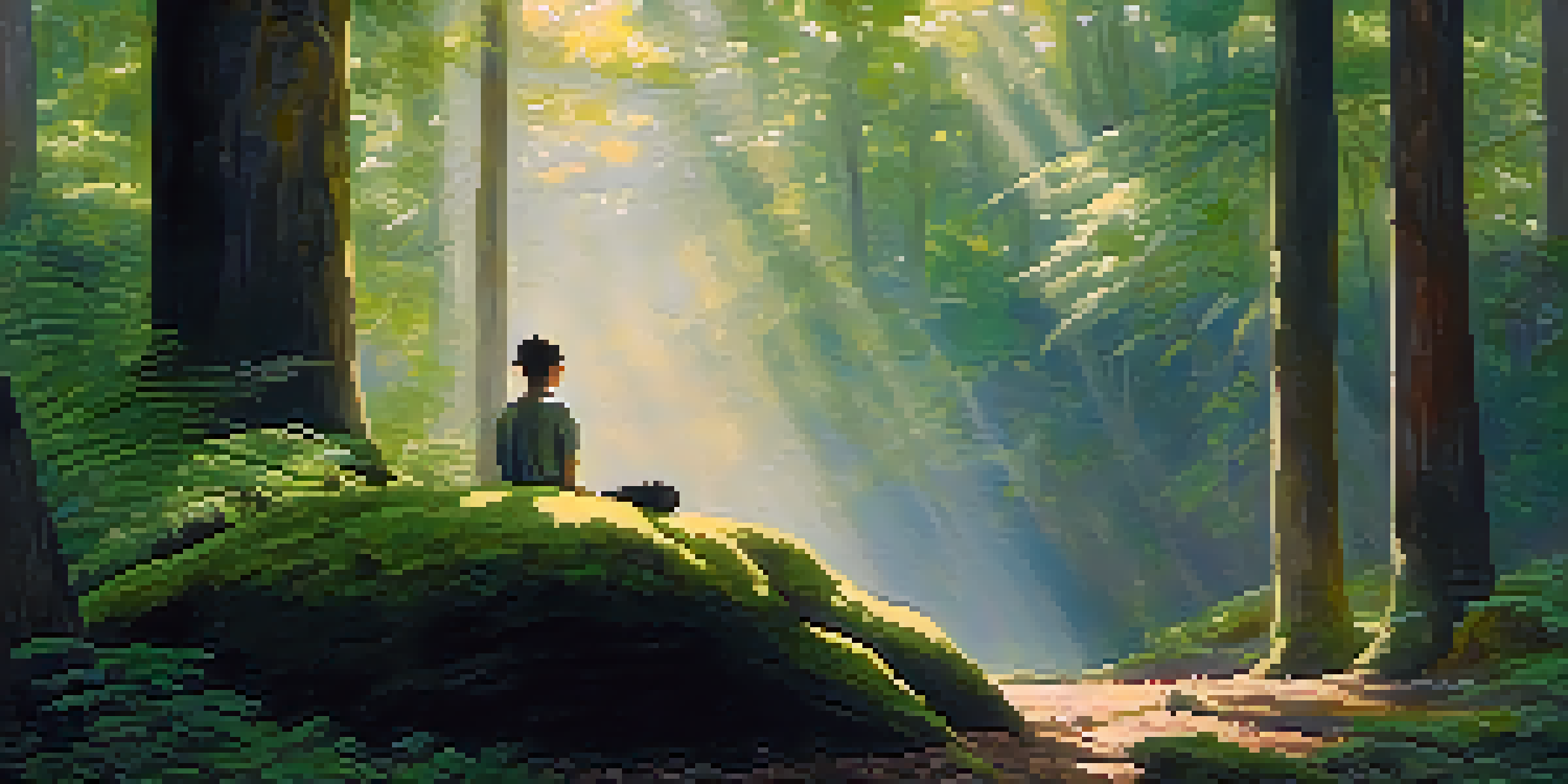 A person meditating in a peaceful forest, surrounded by tall trees and soft sunlight.
