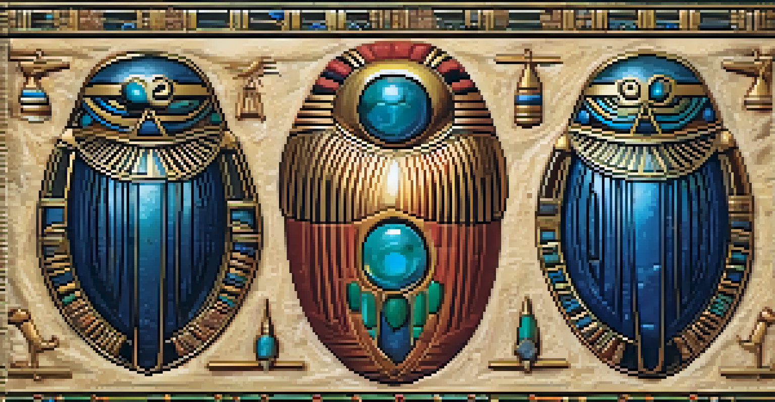 A detailed close-up of an ancient Egyptian heart scarab amulet with hieroglyphics and precious stones, set against a textured papyrus background.