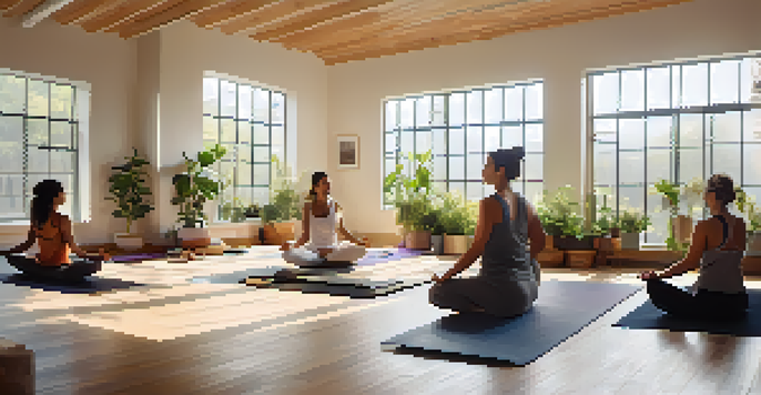 A peaceful yoga studio with diverse practitioners in meditation, surrounded by plants and sunlight.