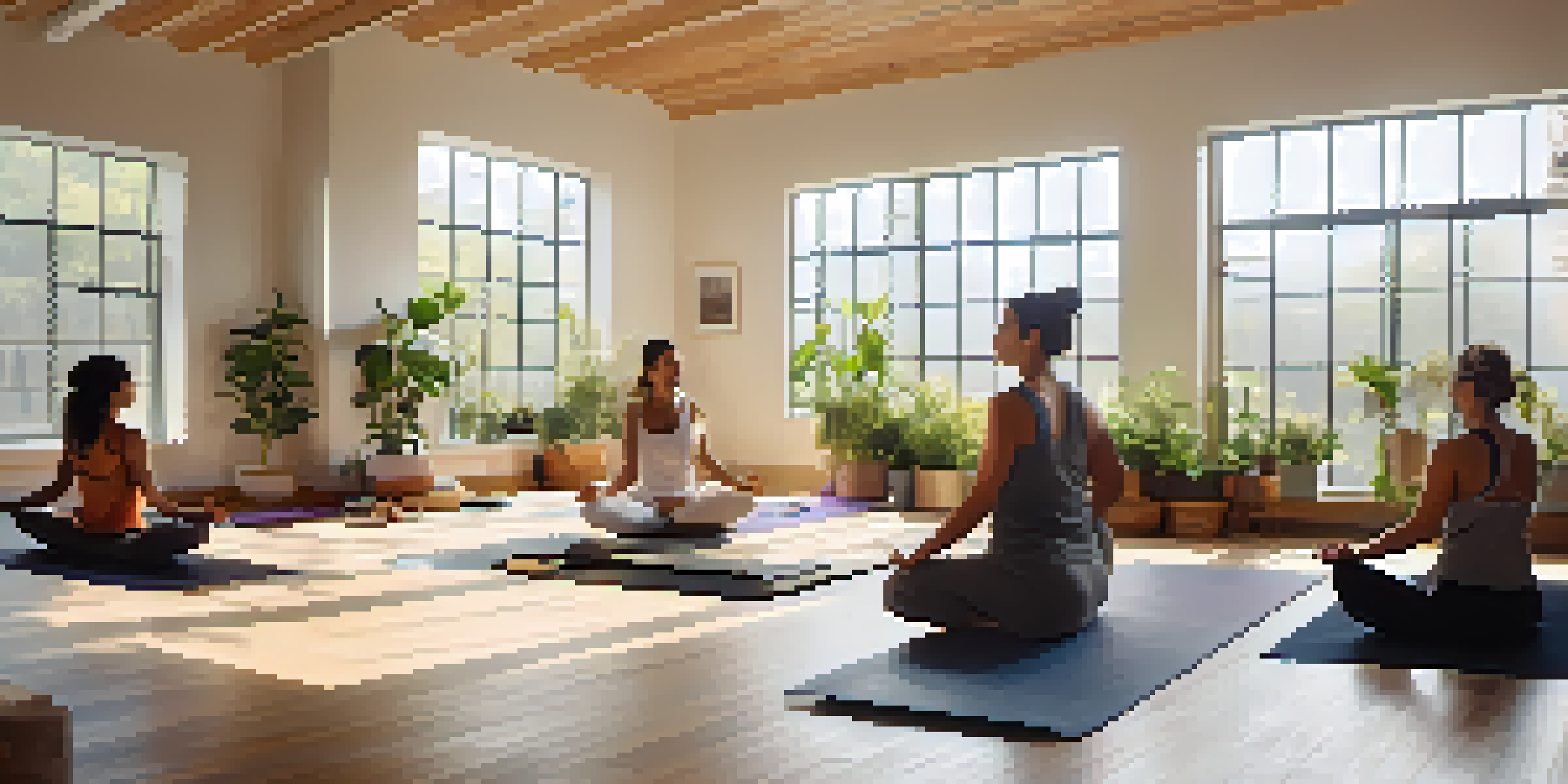 A peaceful yoga studio with diverse practitioners in meditation, surrounded by plants and sunlight.