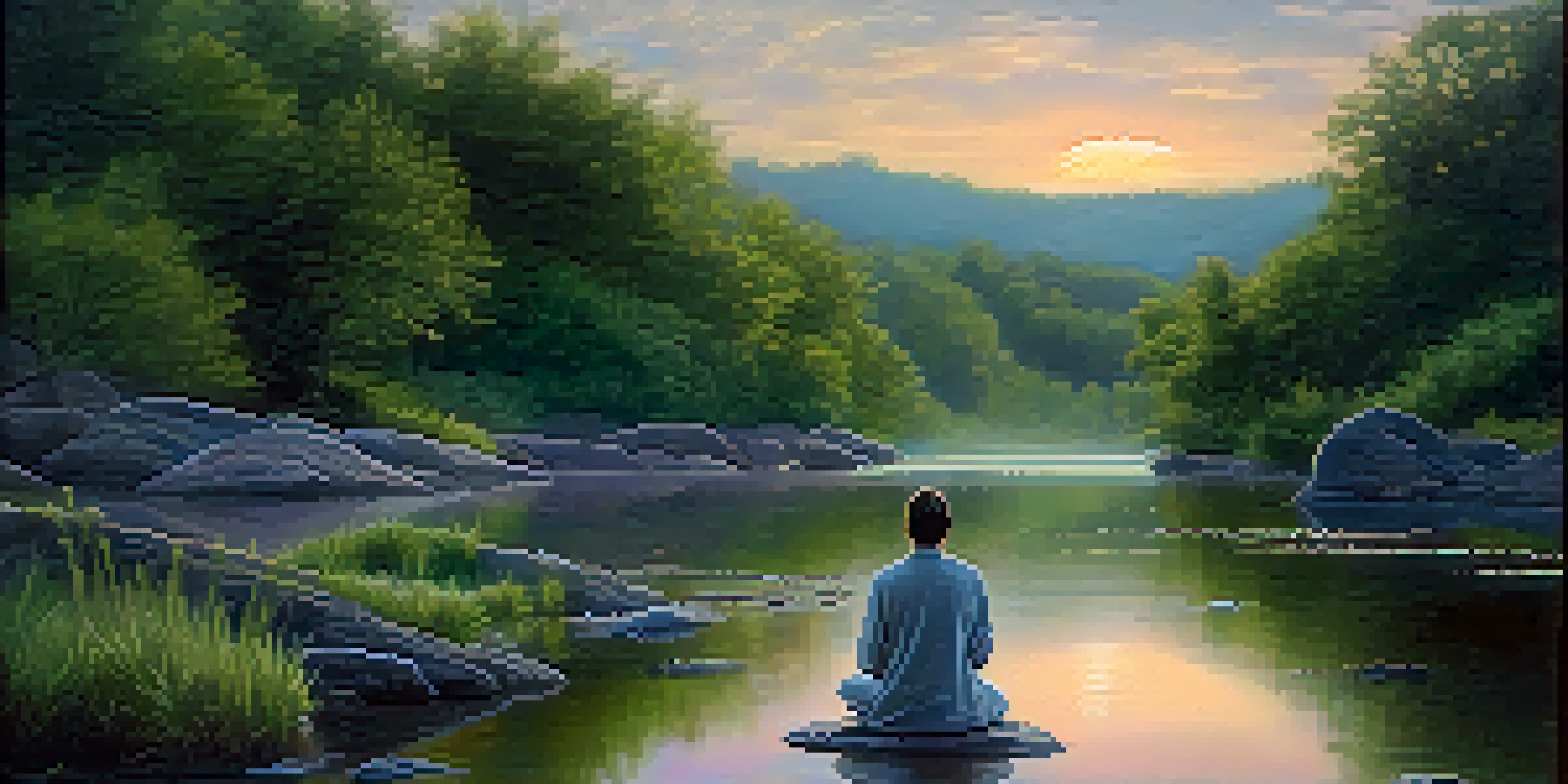 A peaceful nature landscape at sunrise with a river, greenery, flowers, and a person meditating.