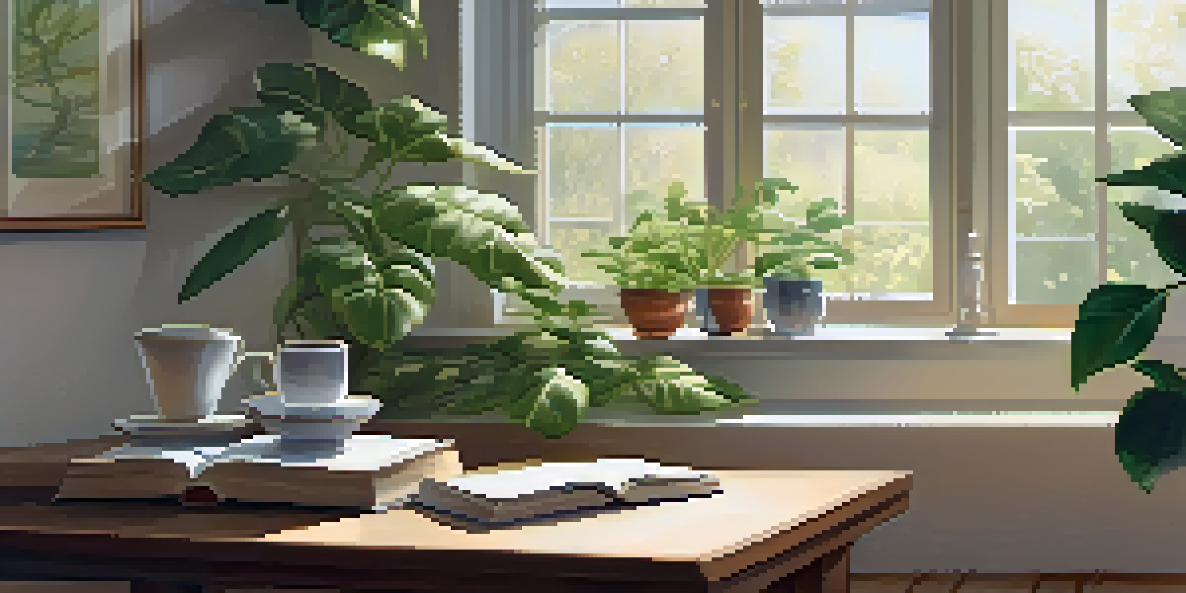 A cozy indoor meditation area with plants, a cushion, and a journal.