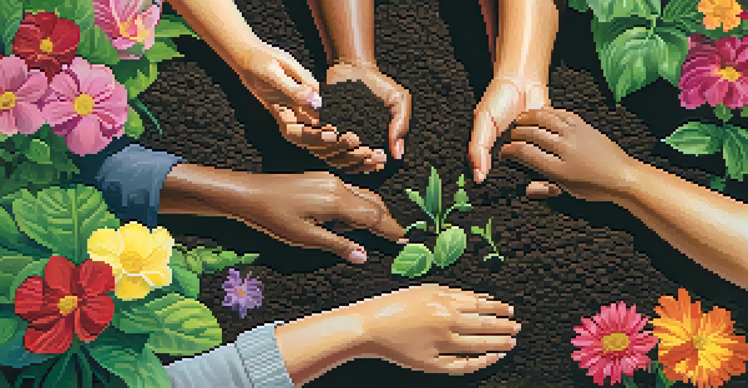 Close-up of diverse hands planting seedlings in a community garden, surrounded by vibrant flowers and greenery.