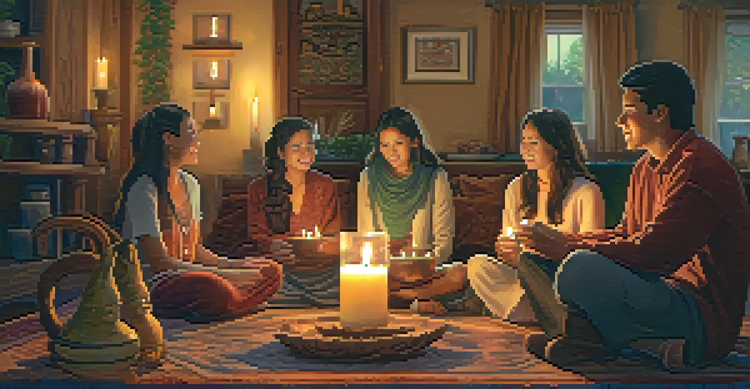 A family gathered in a cozy living room for a traditional spiritual ceremony surrounded by candles and heirlooms.