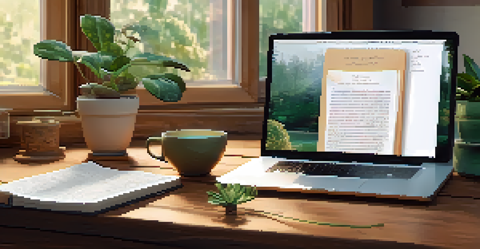 A cozy workspace with a laptop, herbal tea, and a journal, representing digital spirituality.
