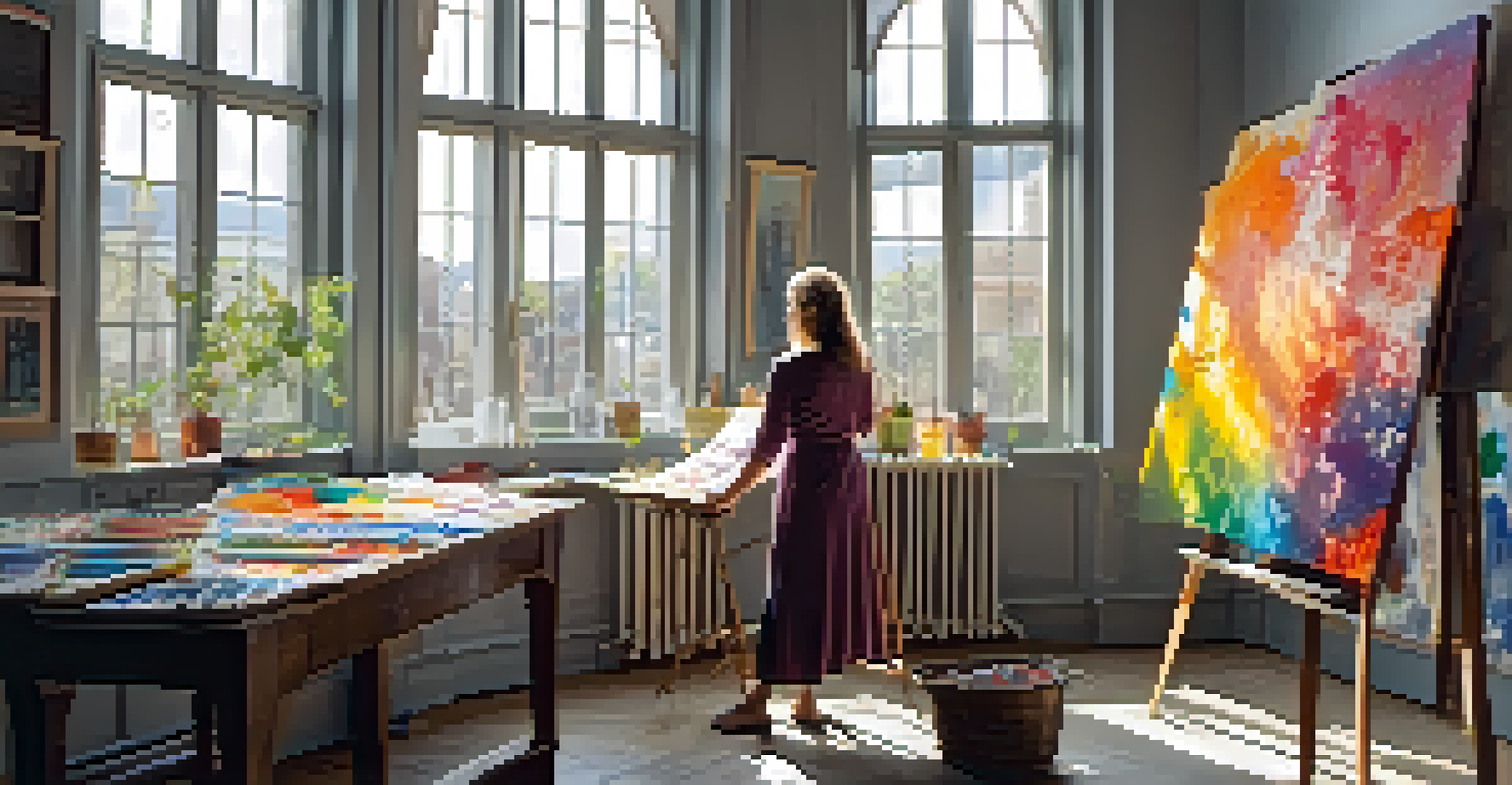 An artist in a bright studio painting on a large canvas, surrounded by colorful artwork and natural light, representing creativity as a spiritual practice.