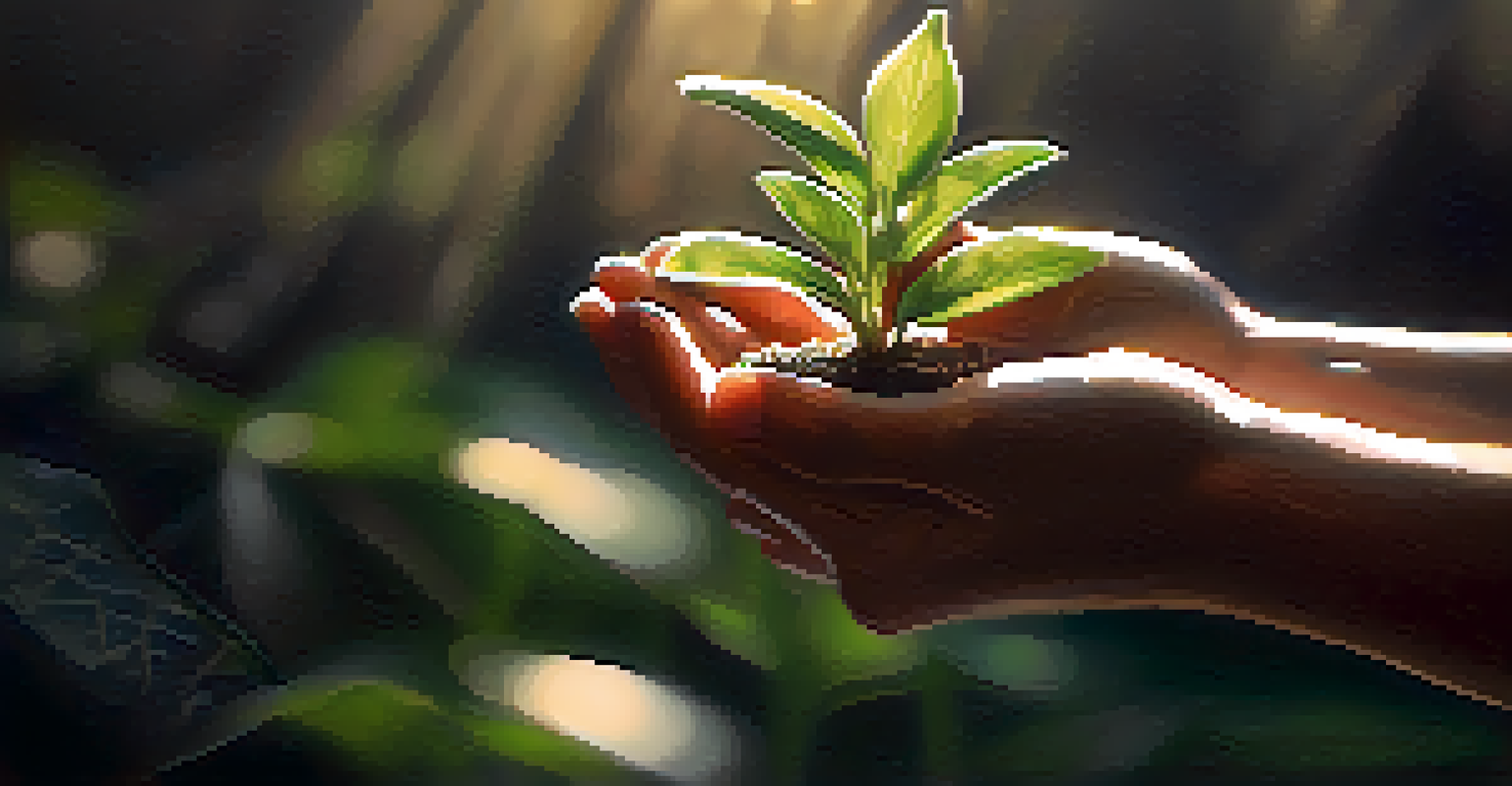 Close-up of hands holding a small plant against a soft background, symbolizing nurturing and community service.