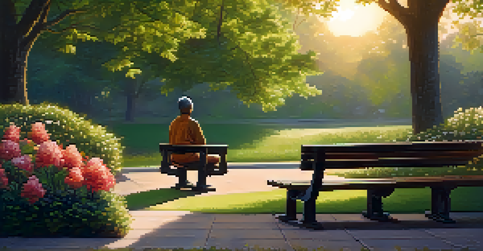 A person meditating on a bench in a park, surrounded by greenery and flowers during a beautiful sunset.