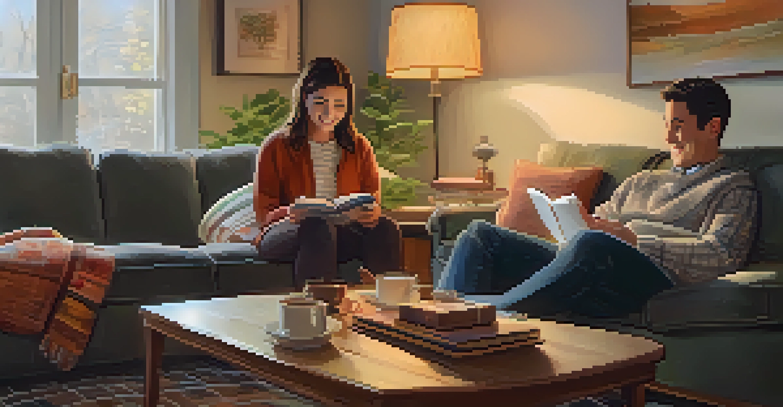 Two friends sitting on a couch in a cozy living room, sharing a gratitude practice with notebooks and tea.