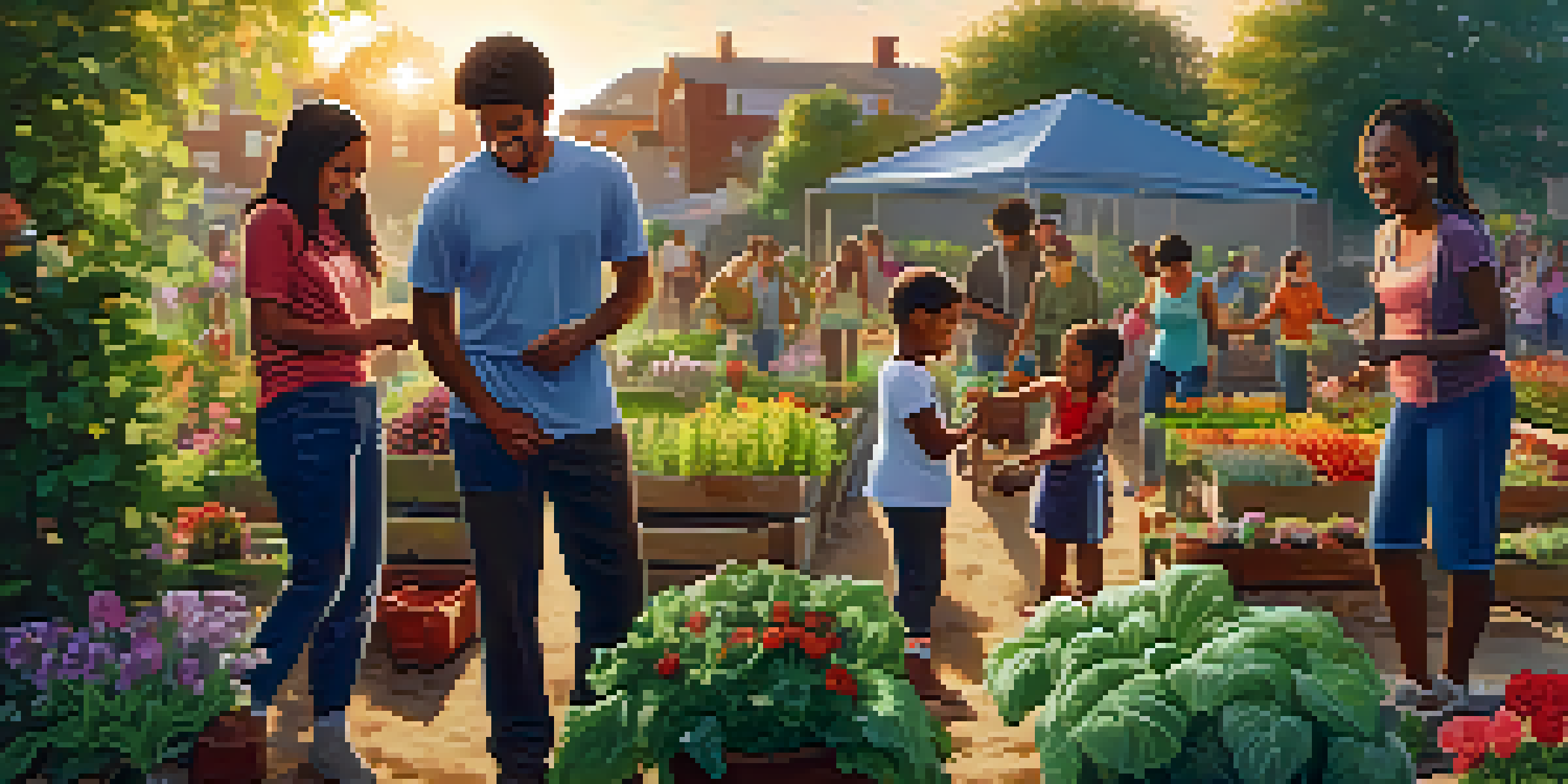 A diverse group of people planting in a community garden during sunset, smiling and working together.