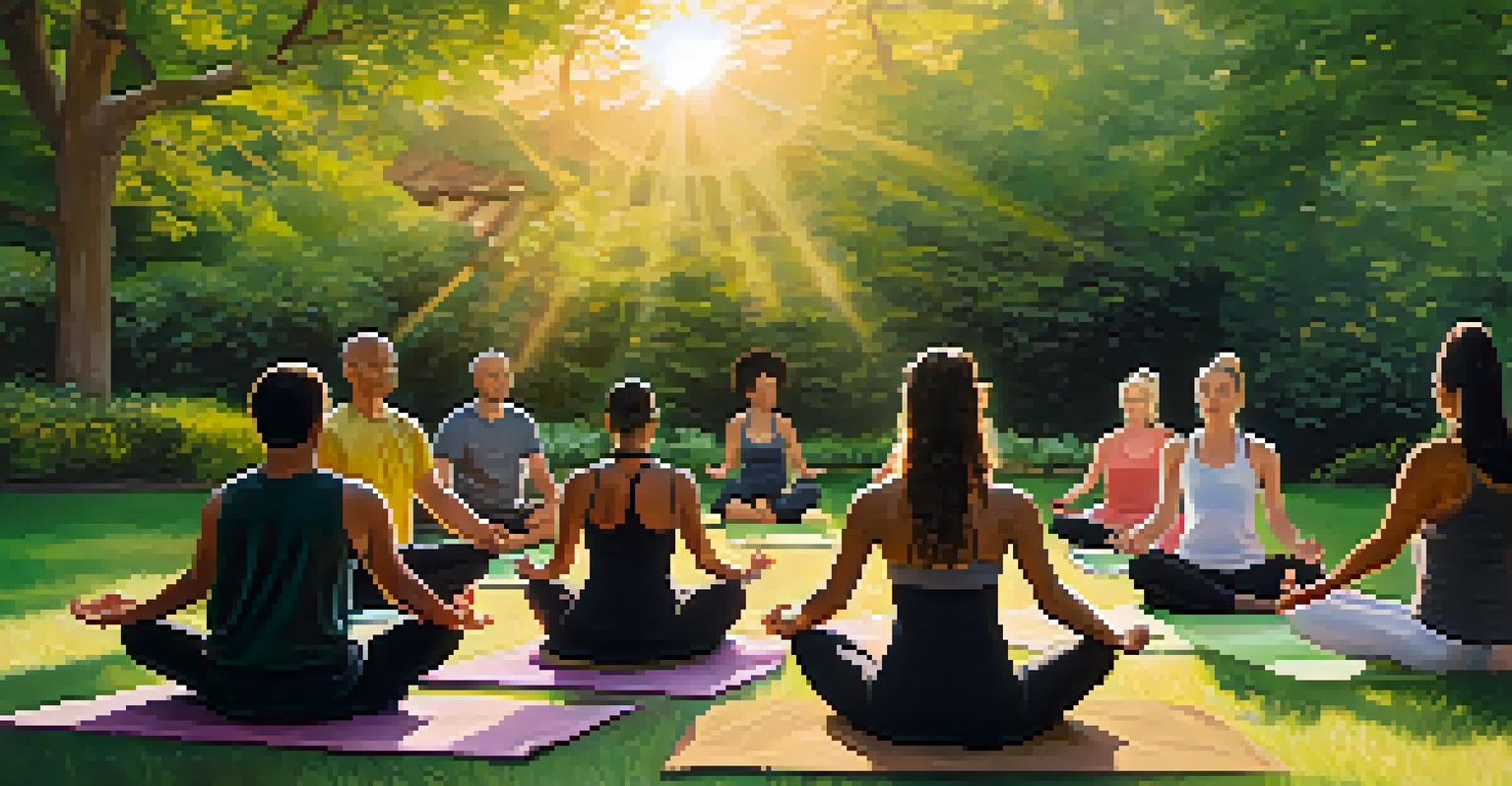 A group of people meditating together in a serene garden during sunset, illustrating the practice of mindfulness.