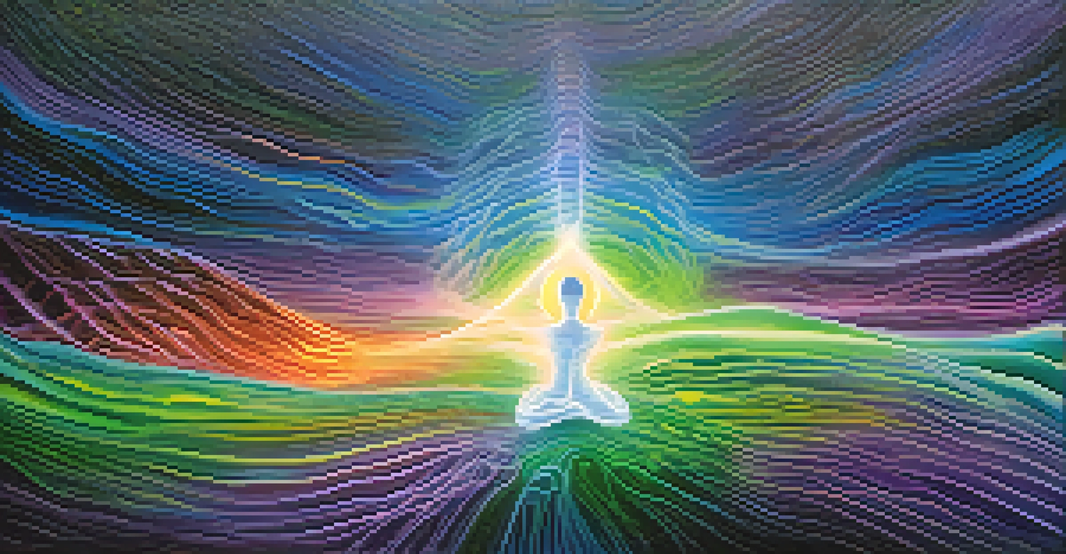 An abstract visualization of brainwave activity during Yoga Nidra, with vibrant colors representing different states of relaxation.