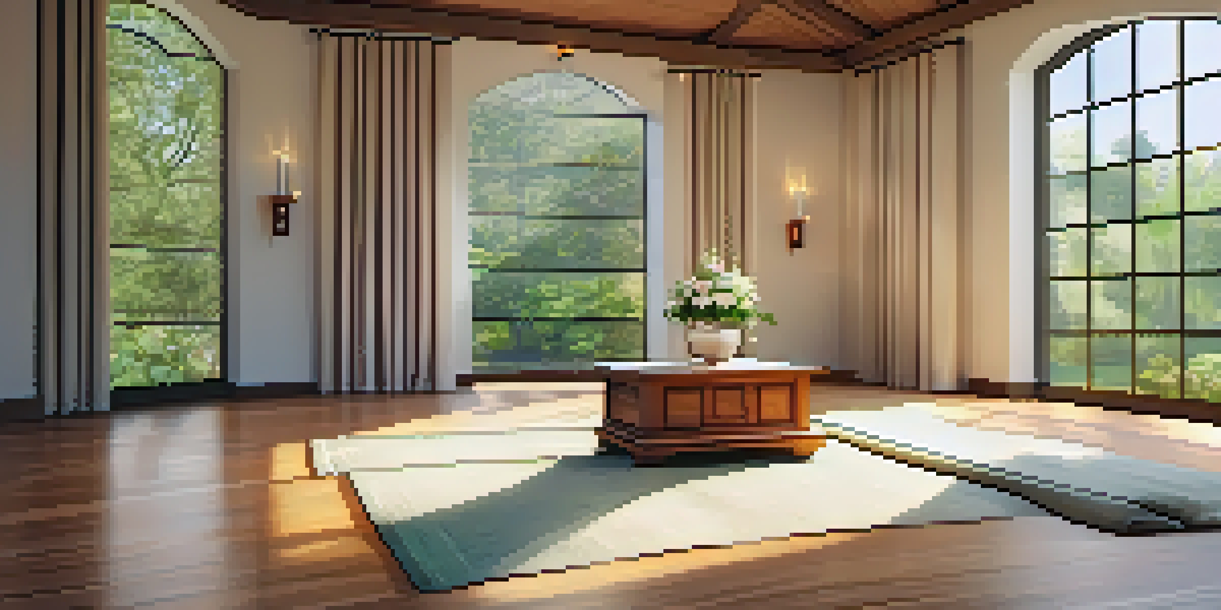 A peaceful meditation room with natural light, wooden floors, and a garden view.