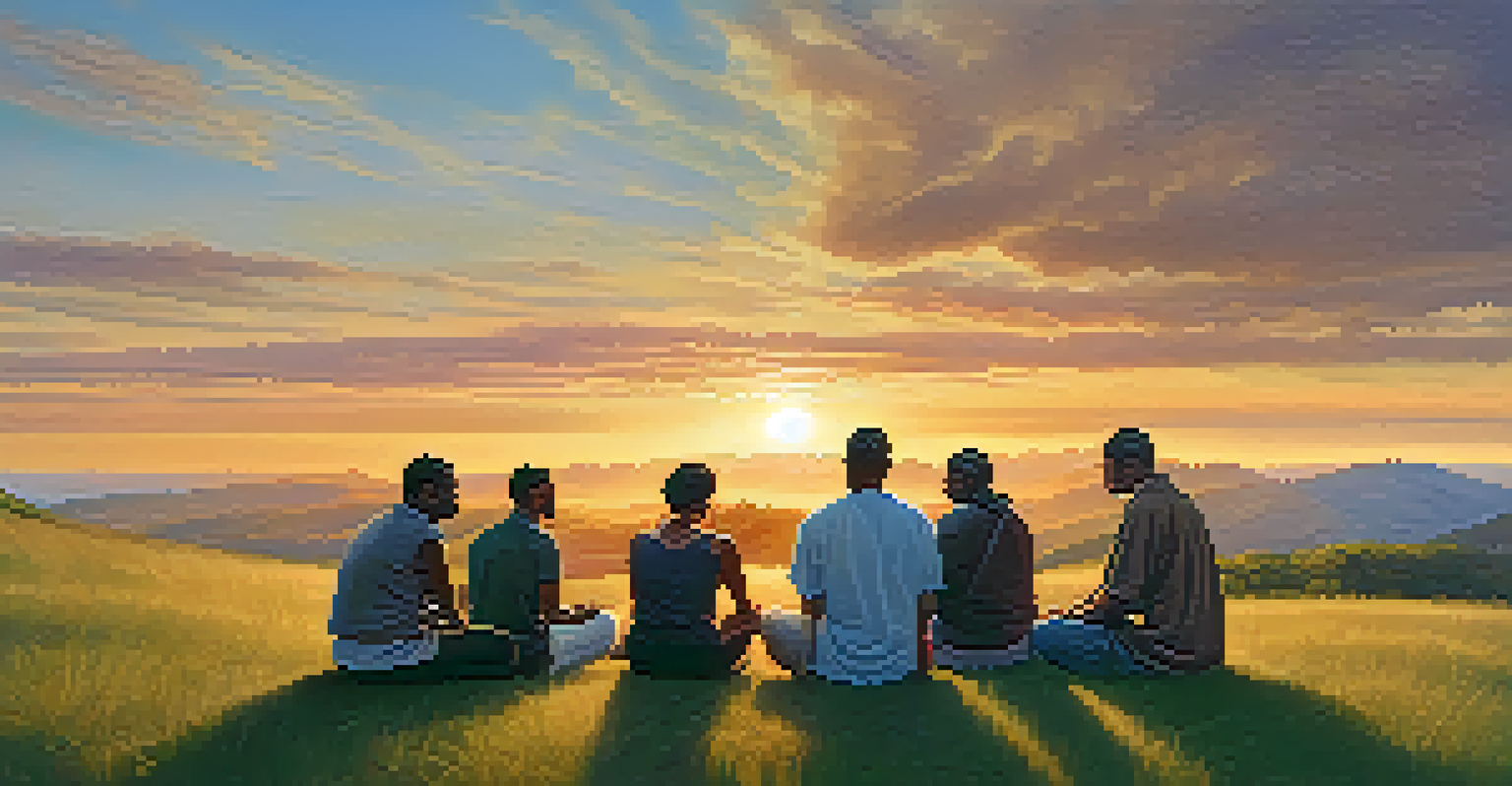 Diverse group of people sitting in a circle on a hilltop during sunset, engaged in communal prayer.