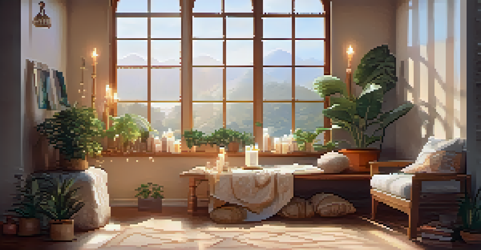 A cozy meditation corner with a cushion, candles, crystals, and potted plants, bathed in natural light.