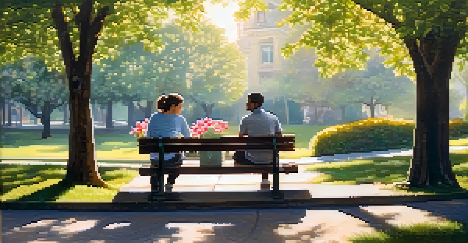 Two friends sitting on a bench in a park, surrounded by flowers and sunlight, illustrating the importance of relationships in spiritual growth.