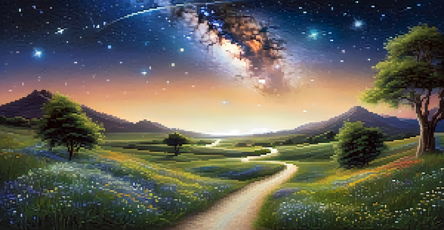 A cosmic landscape showing the Milky Way as a spiritual pathway with a winding road leading to the stars, surrounded by greenery.