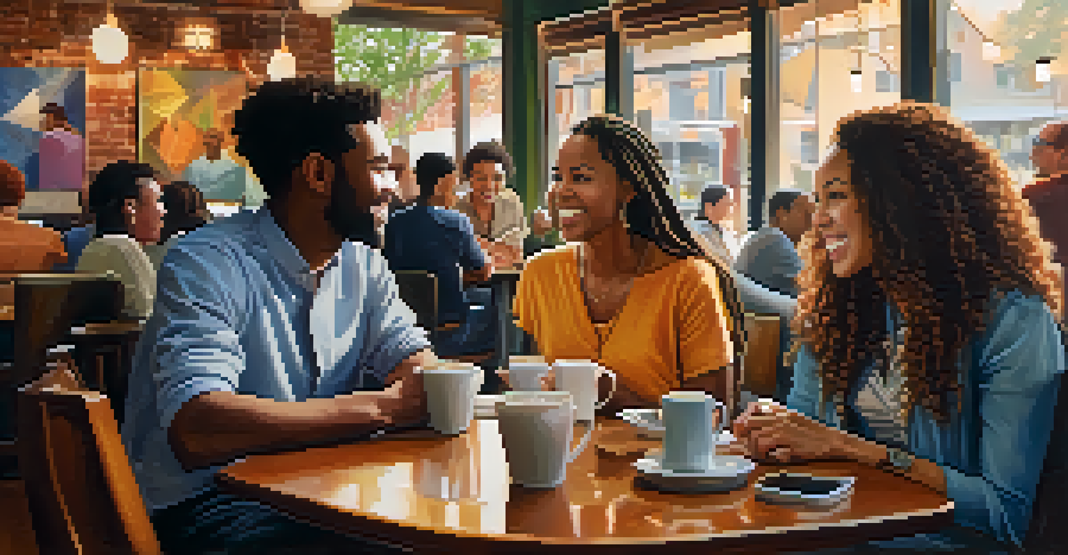 A group of diverse individuals discussing ideas in a cozy coffee shop, surrounded by warm lighting and artwork.