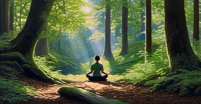 A person meditating in a peaceful forest, surrounded by trees and soft sunlight.