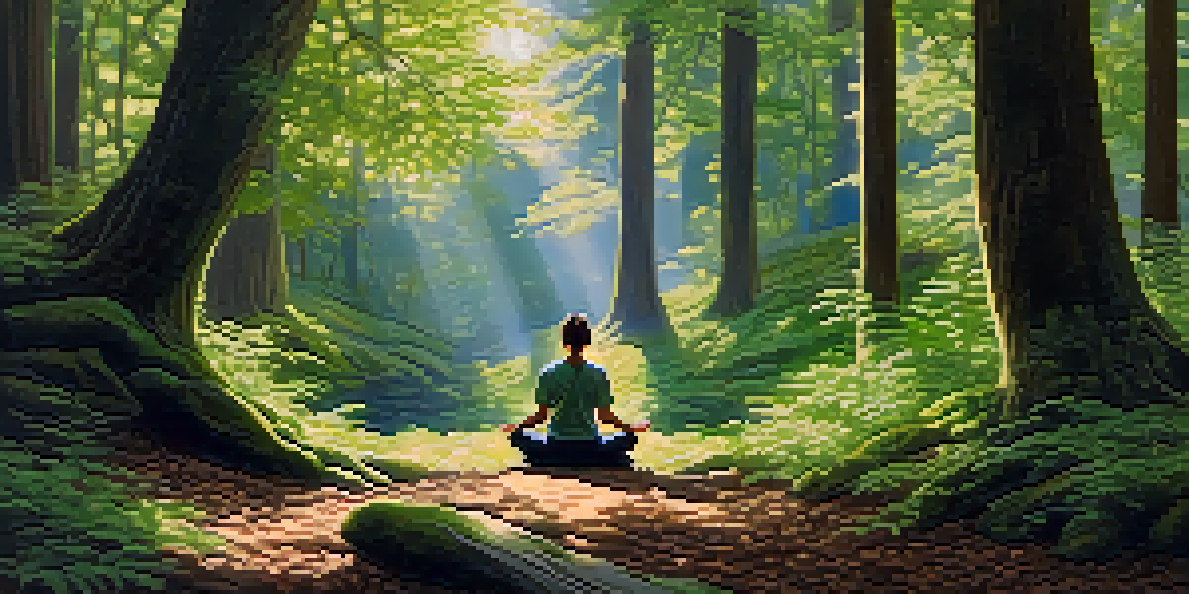 A person meditating in a peaceful forest, surrounded by trees and soft sunlight.