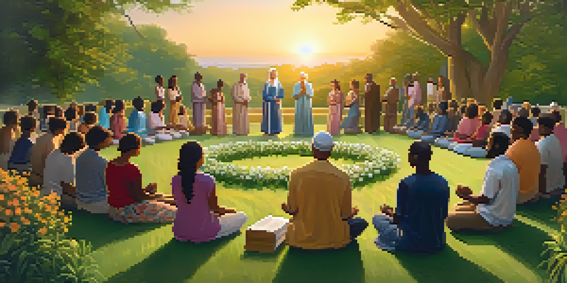 A diverse group of individuals holding hands in a circle outdoors, participating in collective prayer during a sunset.