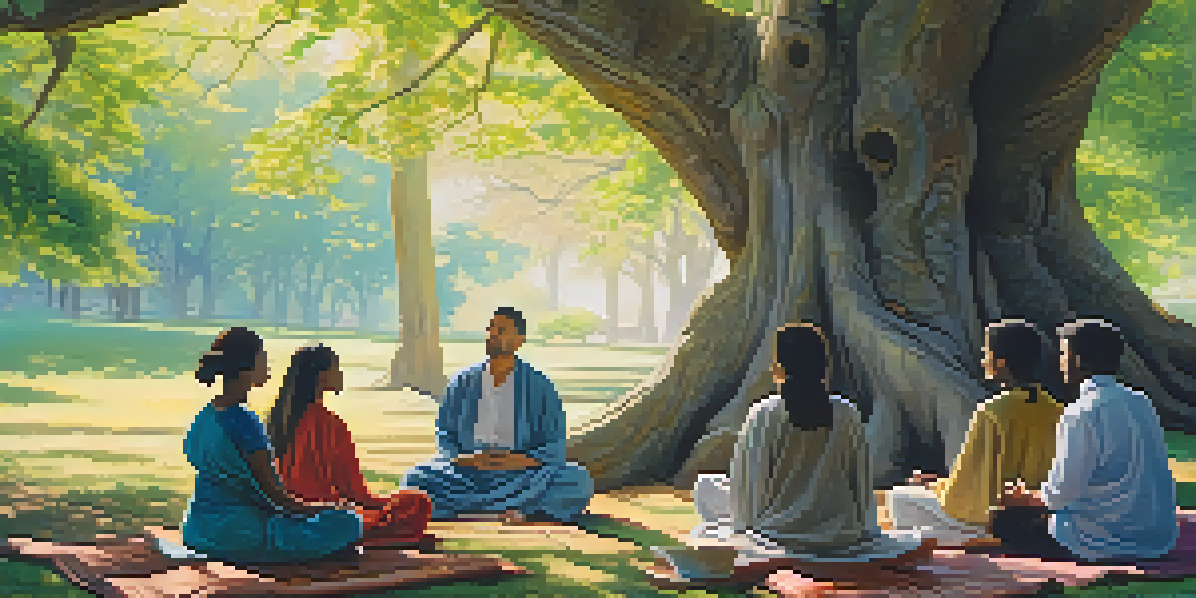 A diverse group of individuals meditating under an ancient tree, surrounded by vibrant flowers and soft morning light.