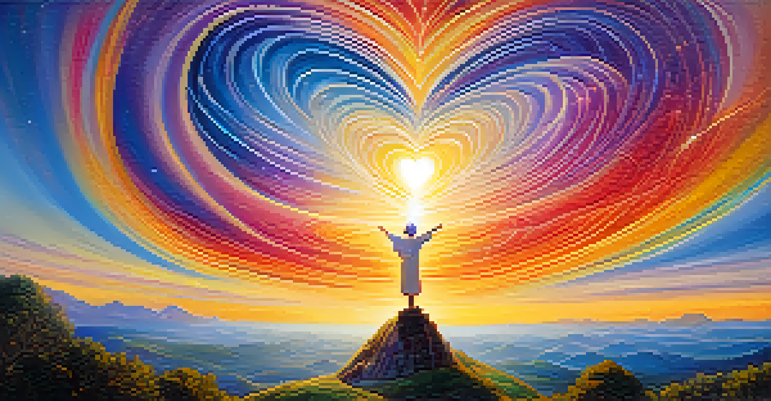 A person on a hilltop with arms outstretched, surrounded by colorful energy representing spiritual awakening.