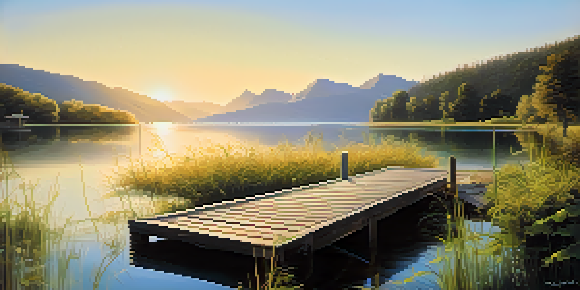 A peaceful lake surrounded by mountains and greenery, with a wooden dock extending into the water, illuminated by golden sunlight.