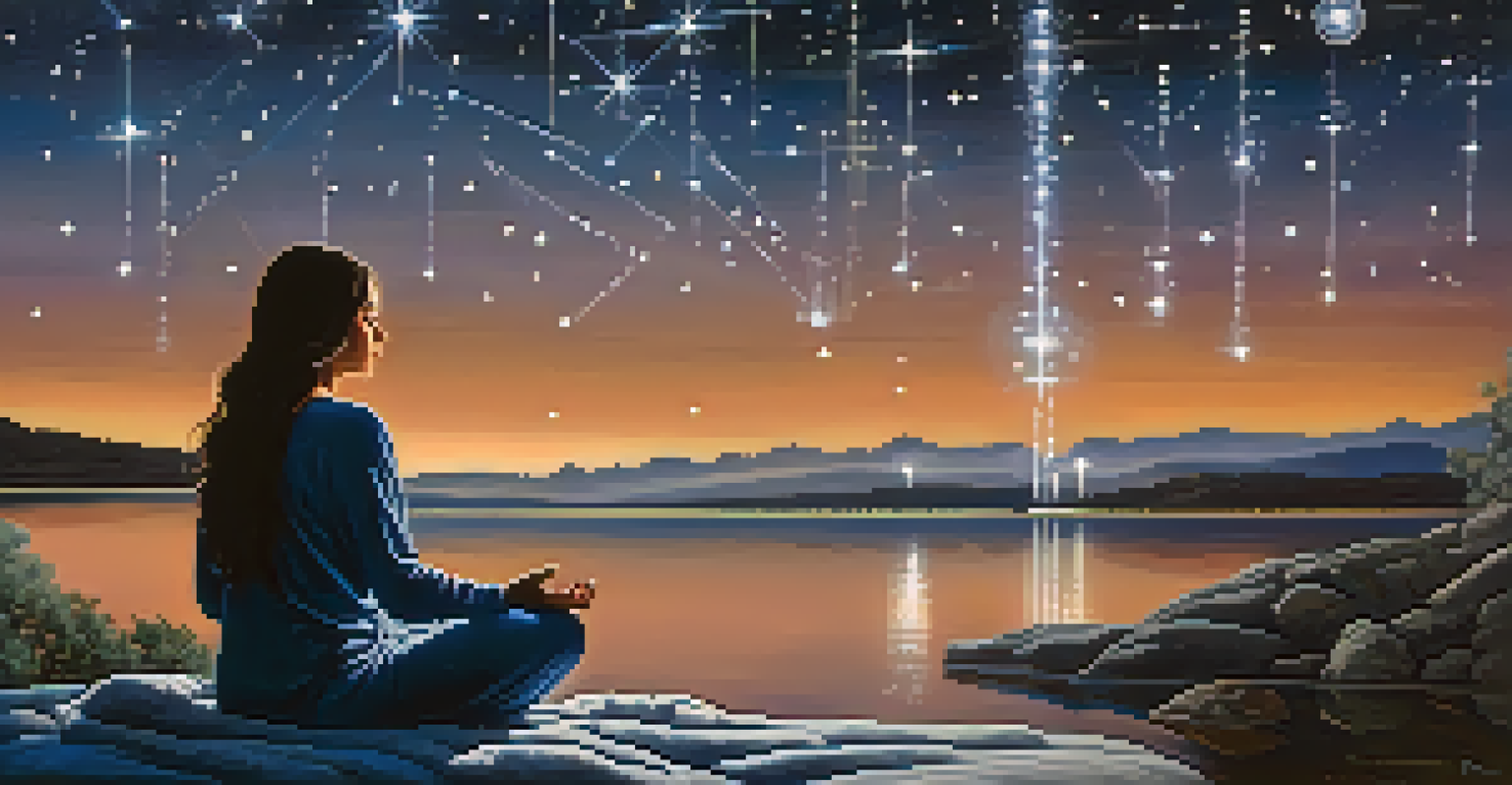A person meditating under a starry night sky, surrounded by candles and crystals, with vivid constellations visible above.