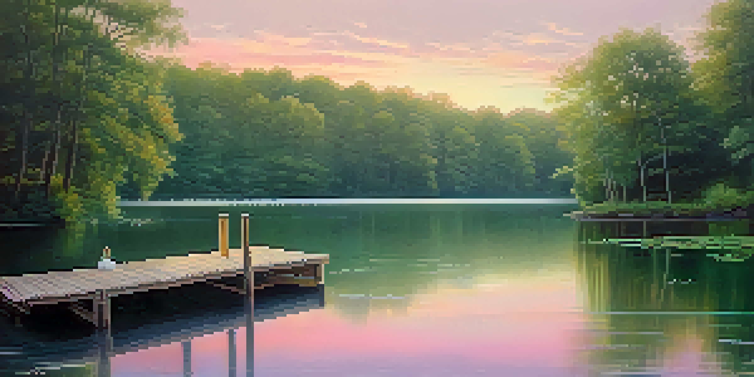 A peaceful lake with a wooden dock and gentle morning light, surrounded by green trees.
