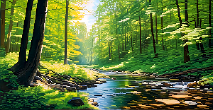 A tranquil forest scene with sunlight shining through trees and a stream flowing.