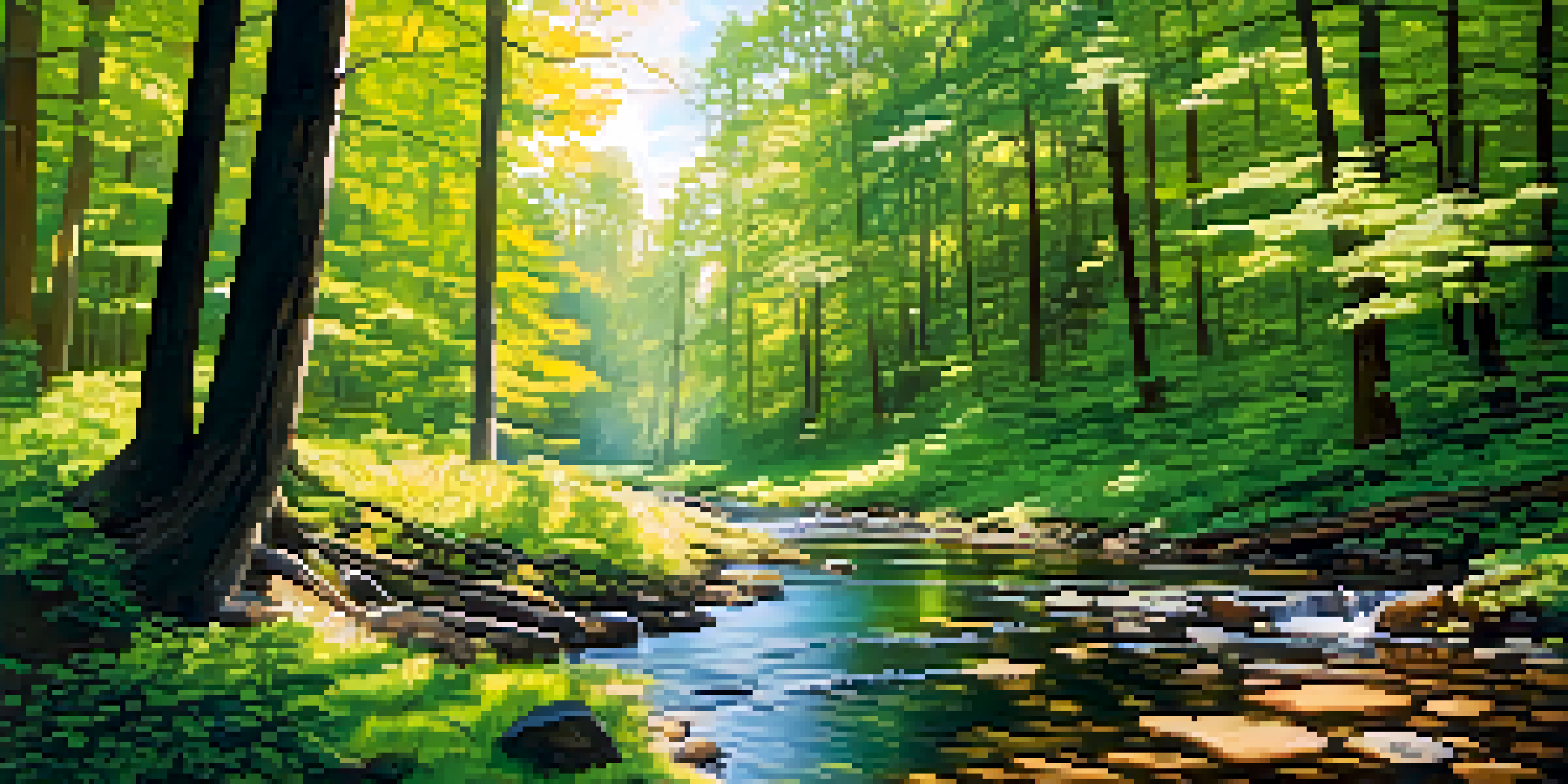 A tranquil forest scene with sunlight shining through trees and a stream flowing.
