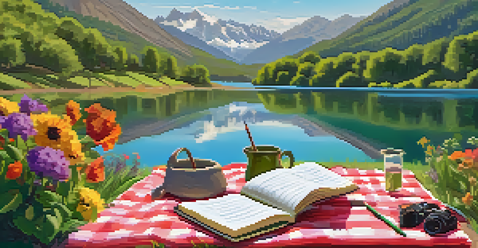A person journaling on a picnic blanket by a serene lake with mountains in the background, surrounded by colorful flowers.