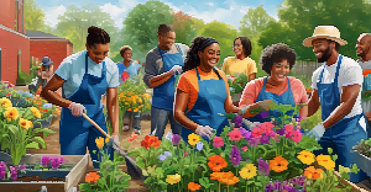 A diverse group of people happily planting flowers in a community garden, showcasing teamwork and joy.