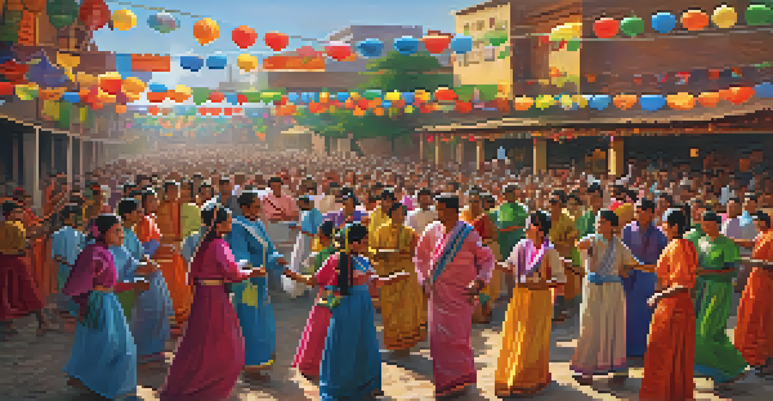 A lively community celebration with people in traditional attire dancing joyfully under colorful decorations.