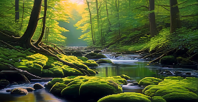 A peaceful forest at dawn with sunlight shining through the trees, a mossy ground, and a flowing stream.