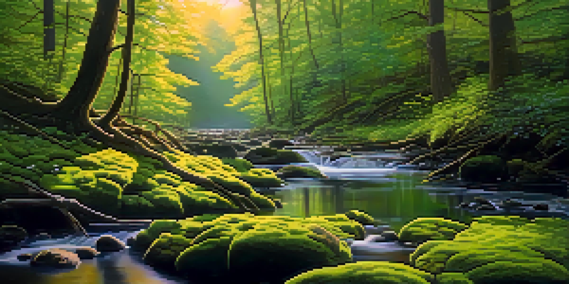 A peaceful forest at dawn with sunlight shining through the trees, a mossy ground, and a flowing stream.