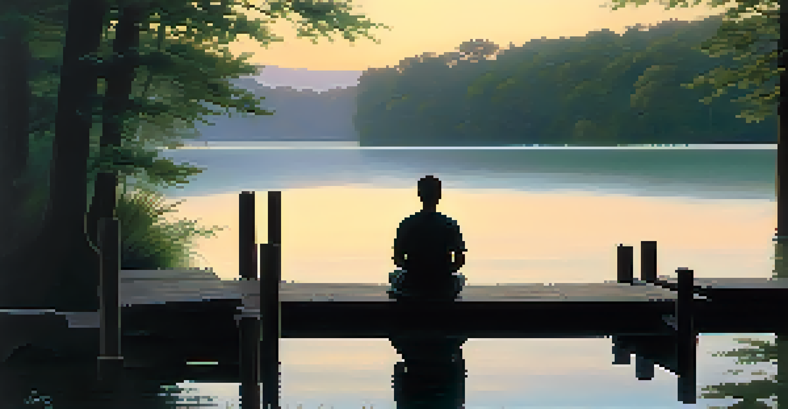 A tranquil sunrise landscape with a calm lake and a person meditating on a dock, surrounded by green trees.