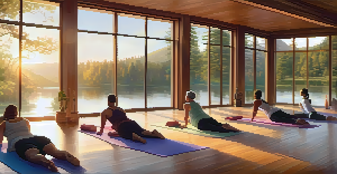 A peaceful yoga studio at sunset with individuals of diverse backgrounds practicing meditation on yoga mats, surrounded by large windows revealing a tranquil landscape.